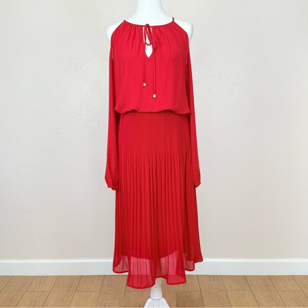 Michael Michael Kors Long Sleeve Cold Shoulder Red Pleated Midi Dress Size S